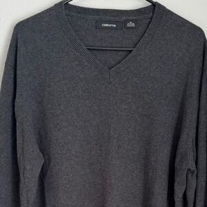 Claiborne Mens XL Gray‎ Cotton Cashmere V Neck Long Sleeve Sweater